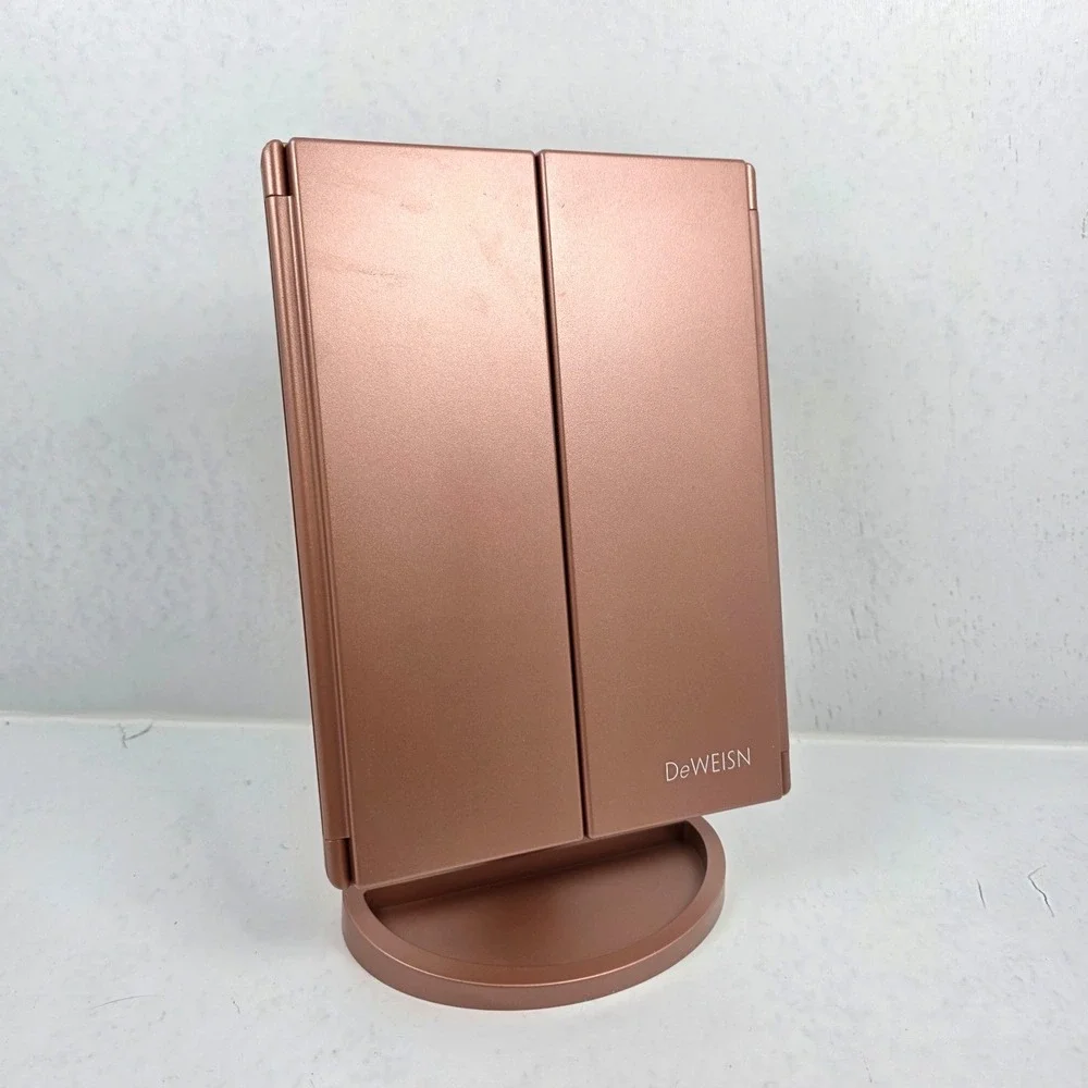 Deweisn Tri-Fold Vanity‎ Makeup Mirror Pedestal with 21 LED Lights - Rose Gold